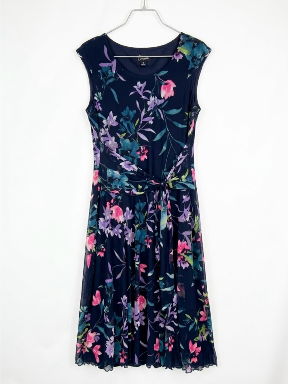 Connected Apparel Navy Floral Mesh Faux Wrap Waist Midi Dress Size 10